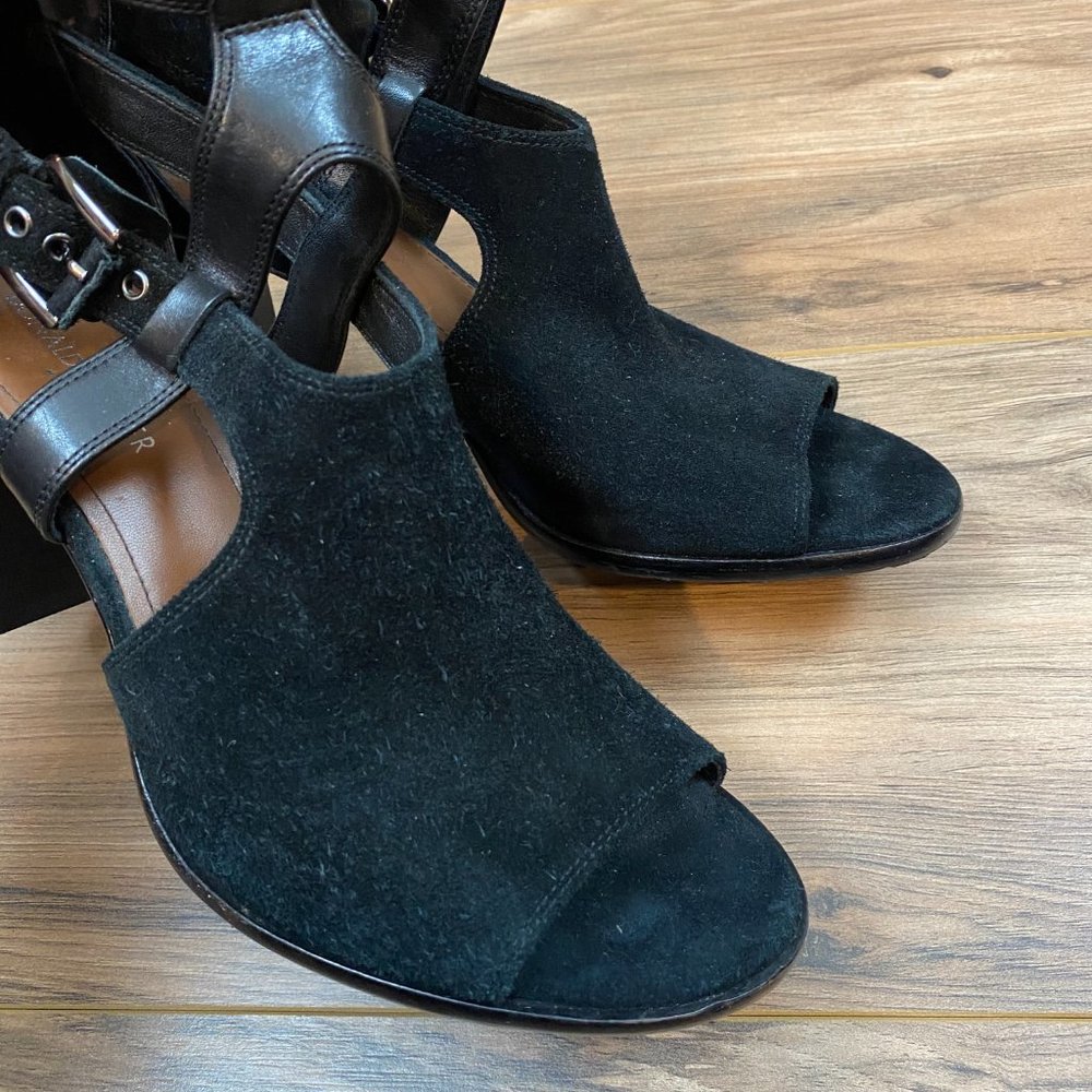 Donald Pliner Black Leather‎ Suede Strappy Open Toe Block Heel Sandals W9 Shoes - Picture 4 of 10